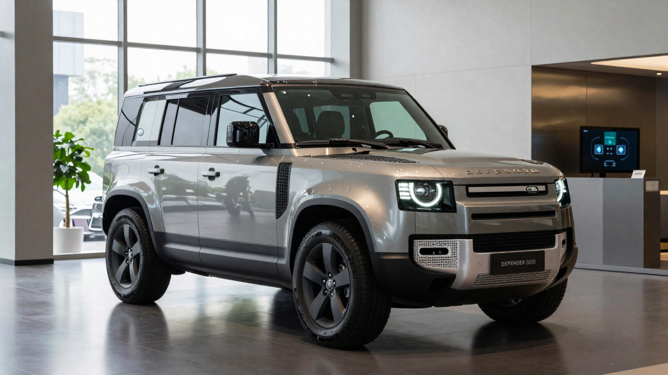 SUV Land Rover Defender 130 cinza estacionado num salão de exposição moderno com piso brilhante.