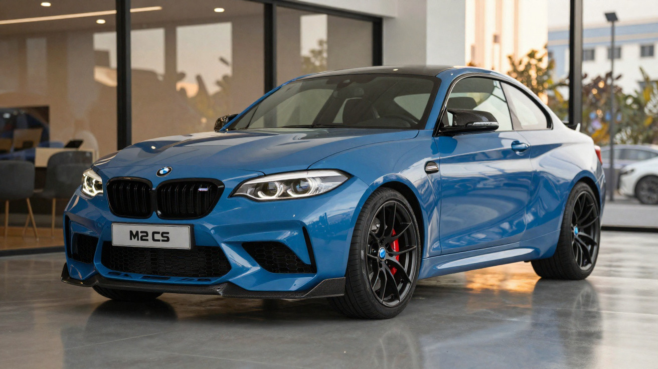 Automóvel BMW M2 CS azul estacionado num espaço interior com piso cinzento brilhante.