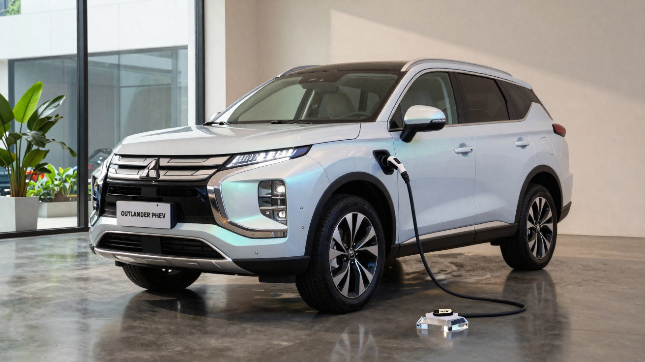 Carro elétrico Mitsubishi Outlander PHEV branco a carregar numa tomada interior de garagem moderna.
