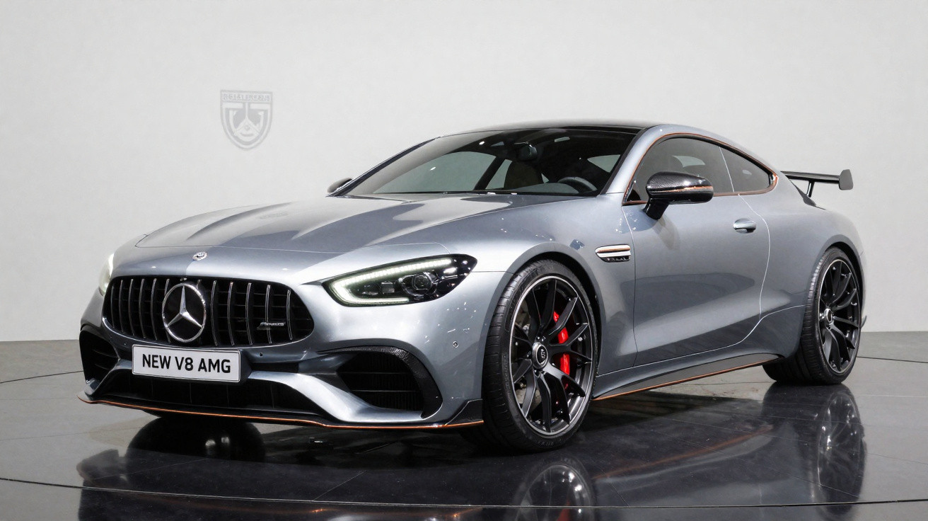 Carro desportivo Mercedes AMG V8 prateado em estúdio com jantes pretas e travões vermelhos.