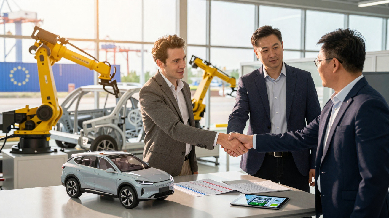 Três homens em fato apertam as mãos numa mesa com miniatura de carro e documentos, em fábrica automóvel moderna.