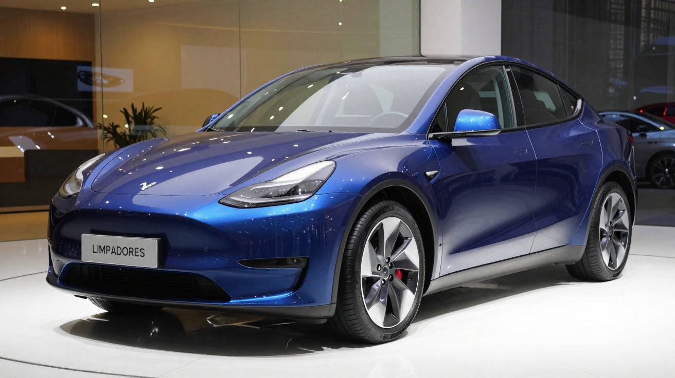Carro elétrico azul brilhante Tesla Model Y exibido em salão automóvel moderno.