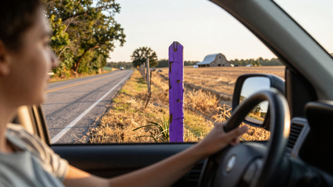 Pessoa a conduzir carro ao longo de uma estrada rural com paliçada e campo dourado ao lado, sob luz suave.