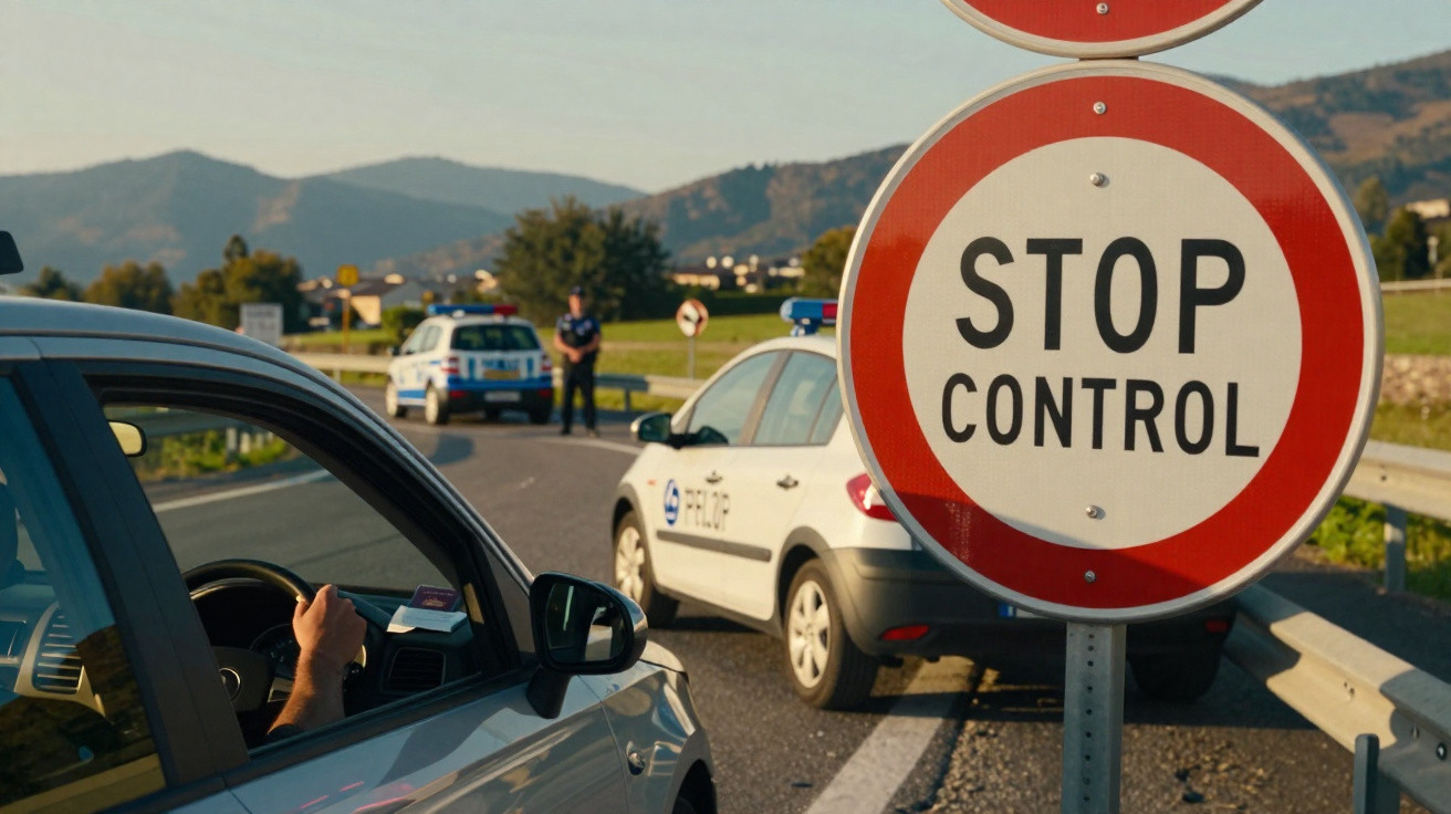 Sinal de STOP CONTROL numa estrada com viaturas policiais e um carro parado para fiscalização.