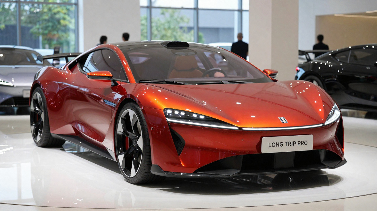 Carro desportivo elétrico vermelho com design futurista exposto numa sala moderna.