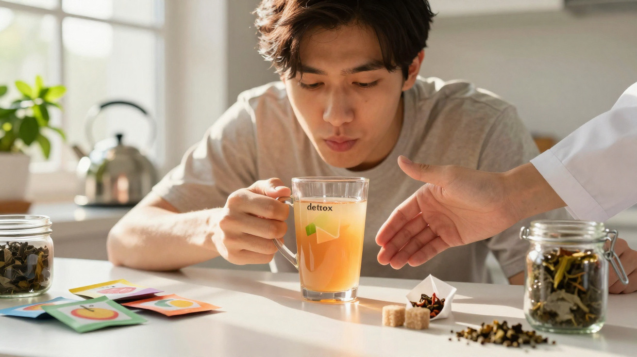 Jovem a cheirar chá quente numa chávena transparente numa cozinha iluminada.