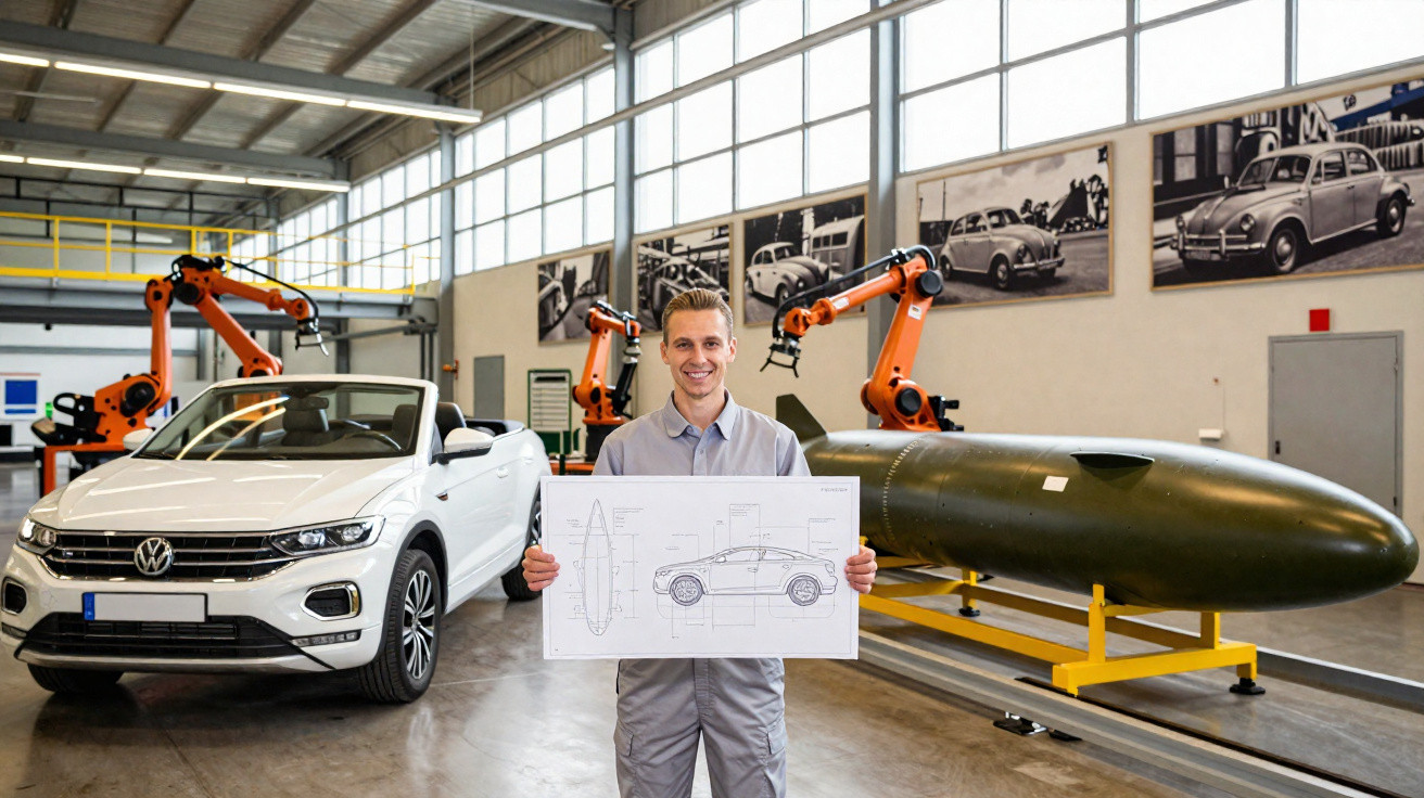 Homem numa oficina com desenho técnico de carro, perto de carro branco e objeto aerodinâmico escuro.