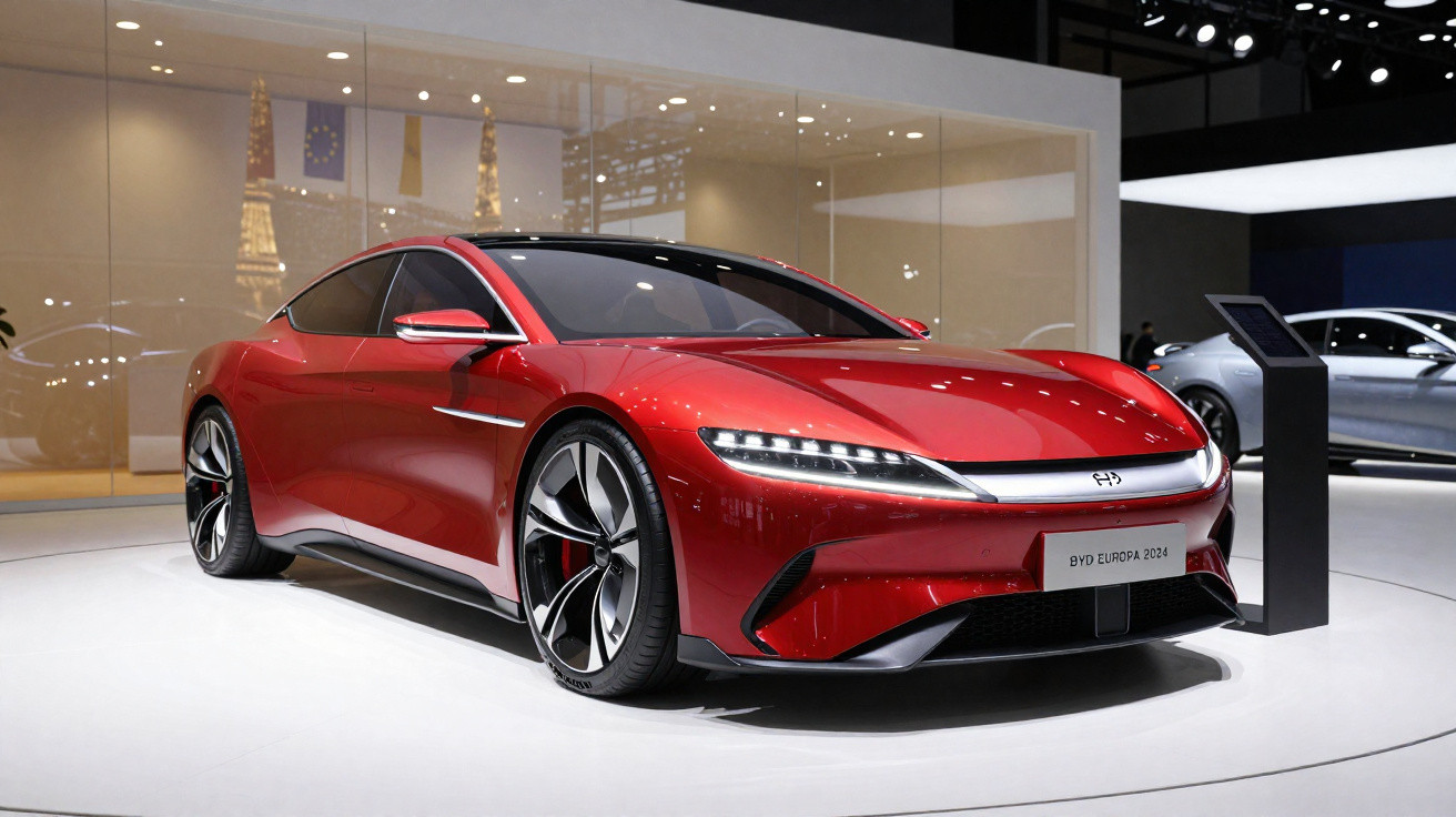 Carro desportivo elétrico vermelho BYD Europa 2024 em exposição com design moderno e aerodinâmico.