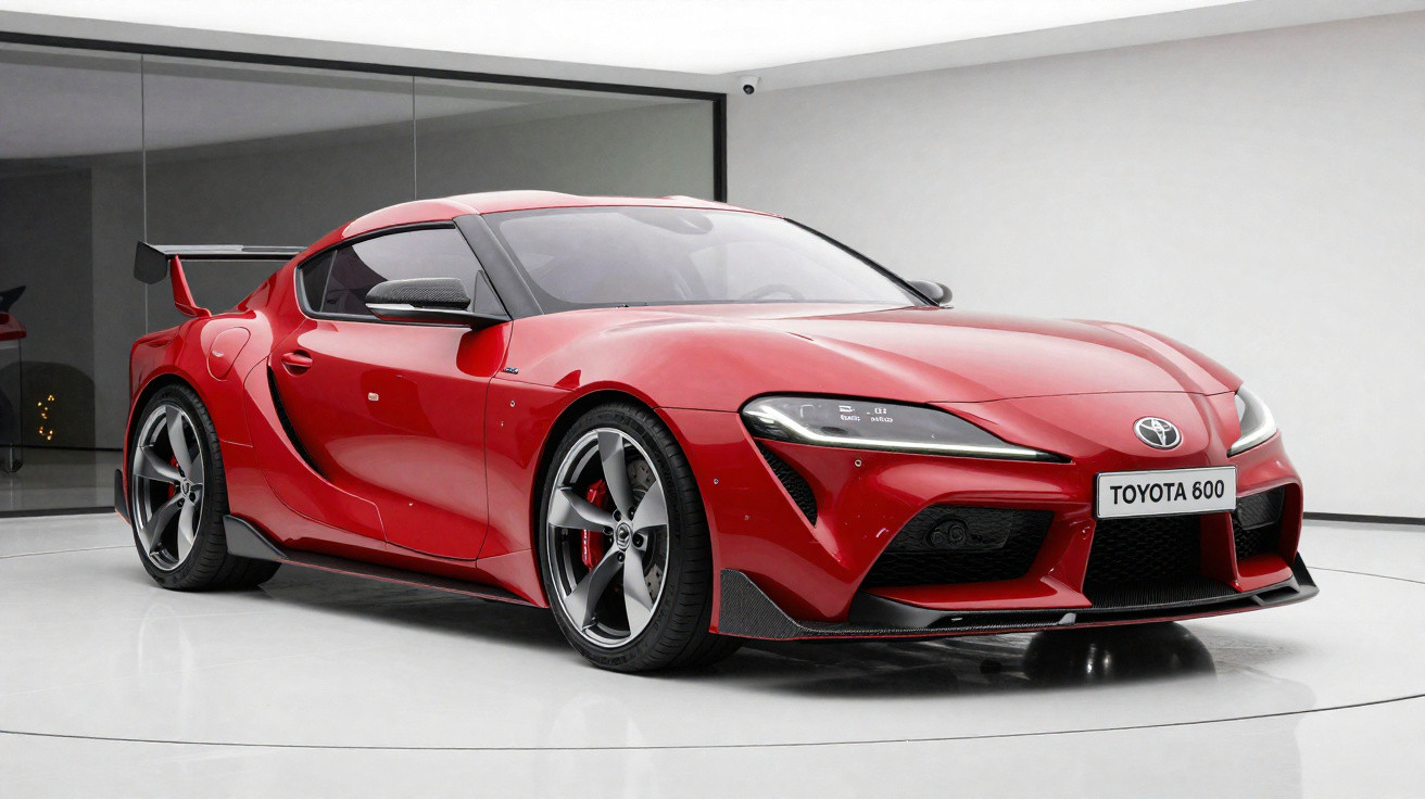 Carro desportivo Toyota Supra vermelho estacionado num espaço interior moderno e minimalista.