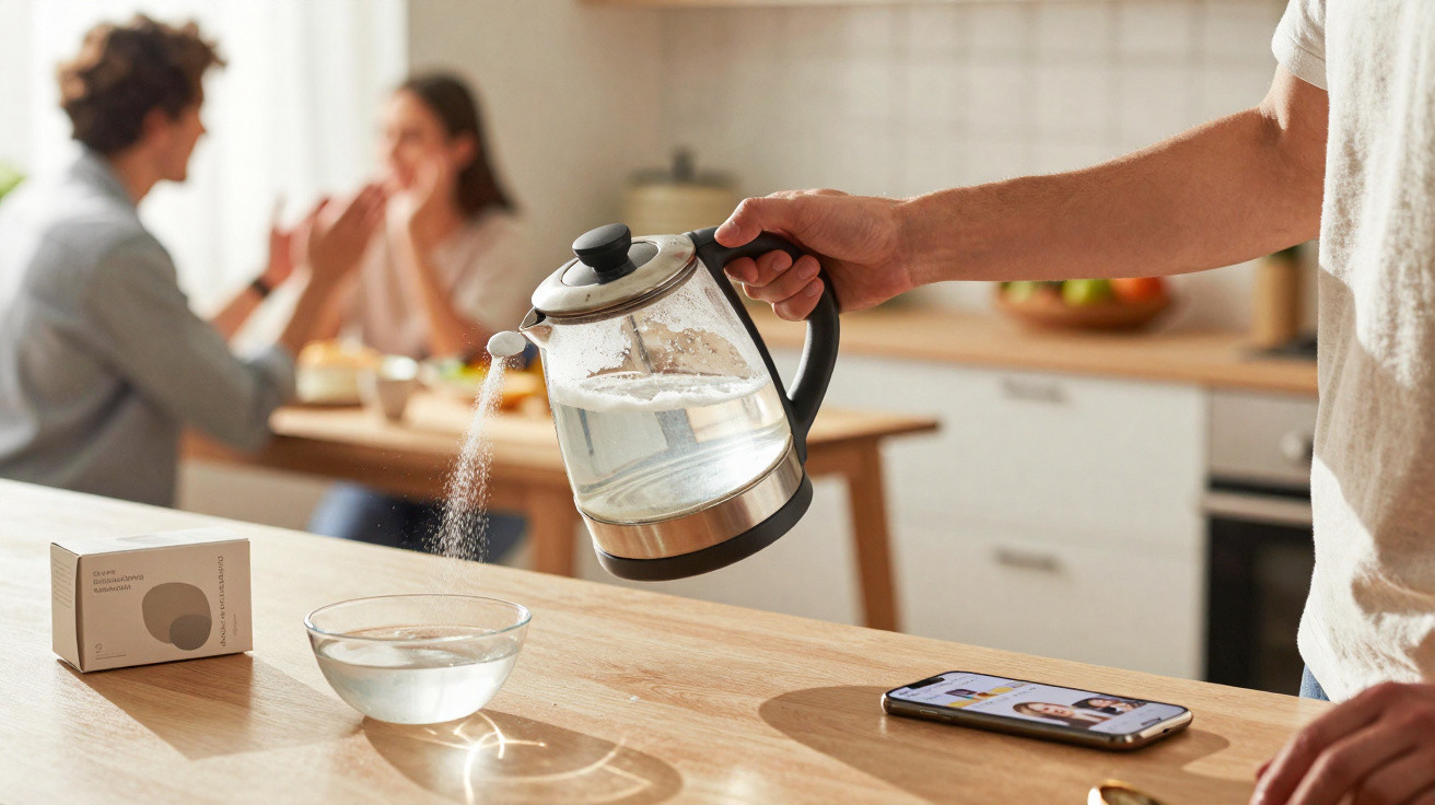 Pessoa a ver vídeo numa cozinha enquanto serve água quente de uma chaleira para uma tigela de vidro.