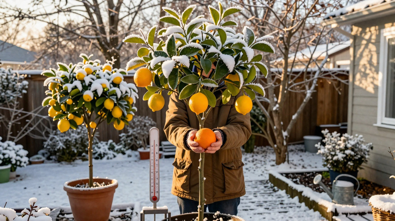 Pessoa segura laranja numa árvore de citrinos com folhas cobertas de neve num jardim nevado.