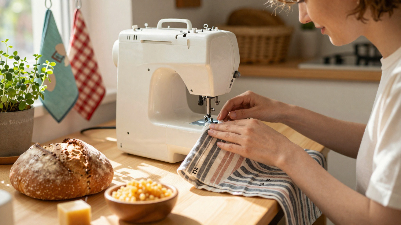 Pessoa a costurar tecido às riscas numa máquina de costura na cozinha com pão e legumes à frente.