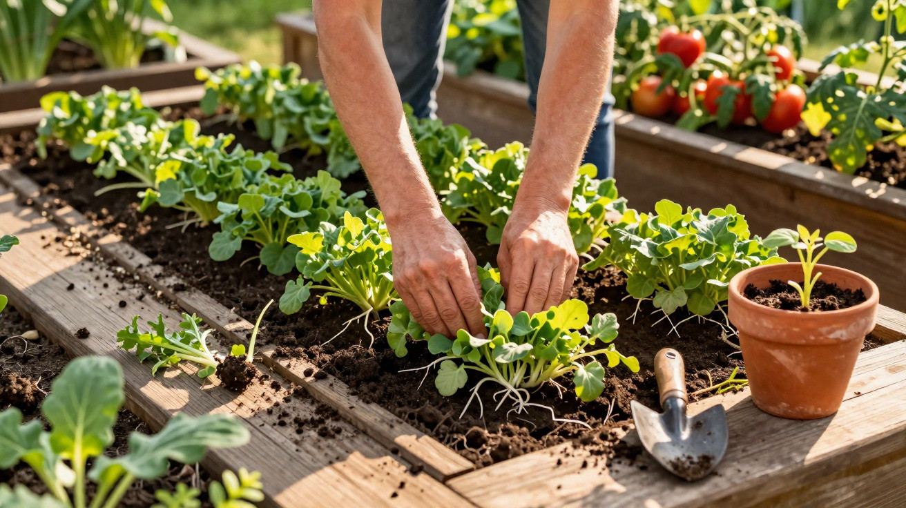 Mãos a transplantar plantas jovens numa horta em canteiro de madeira, com tomates ao fundo.