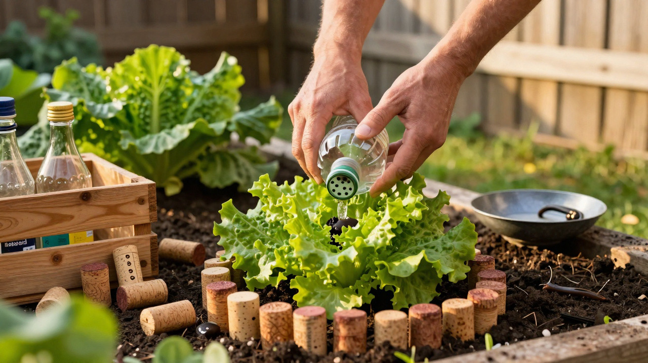 Pessoa a regar planta de alface num jardim com rolhas a decorar a borda da cama de cultivo.
