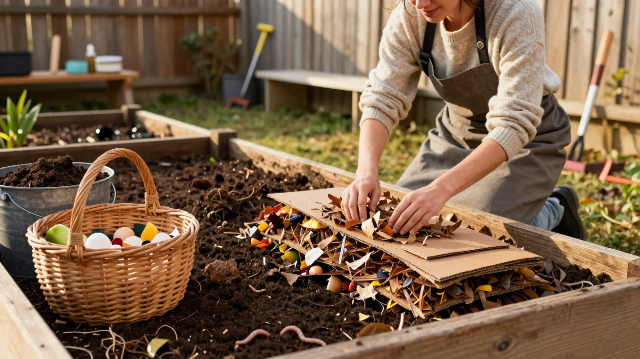 Pessoa a fazer compostagem em canteiro de jardim com restos de cascas de ovos, folhas e cartão.