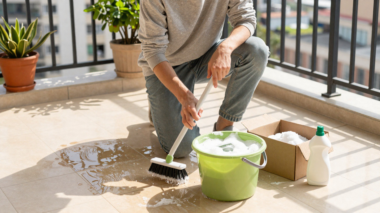 Pessoa a esfregar chão de exterior com escova, balde verde com espuma e produtos de limpeza.