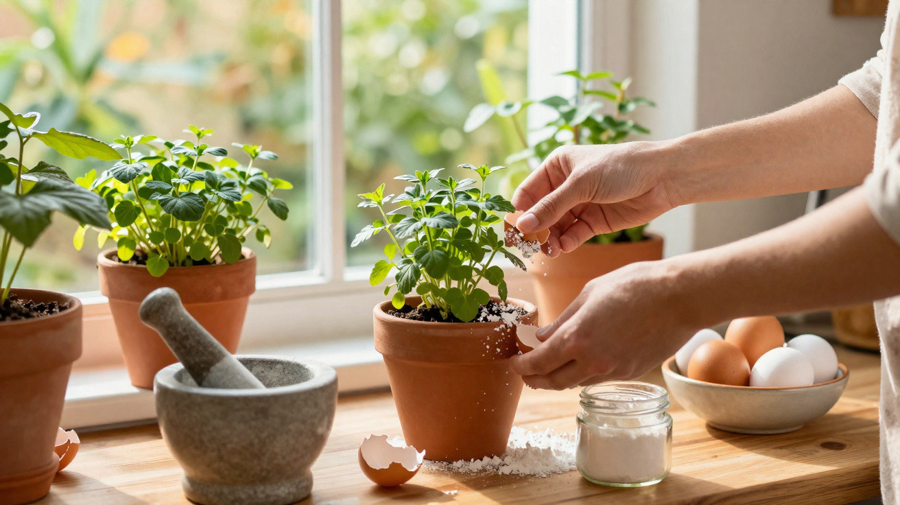 Mãos a adicionar sal a planta em vaso junto a outros vasos, um almofariz e ovos numa bancada junto à janela.