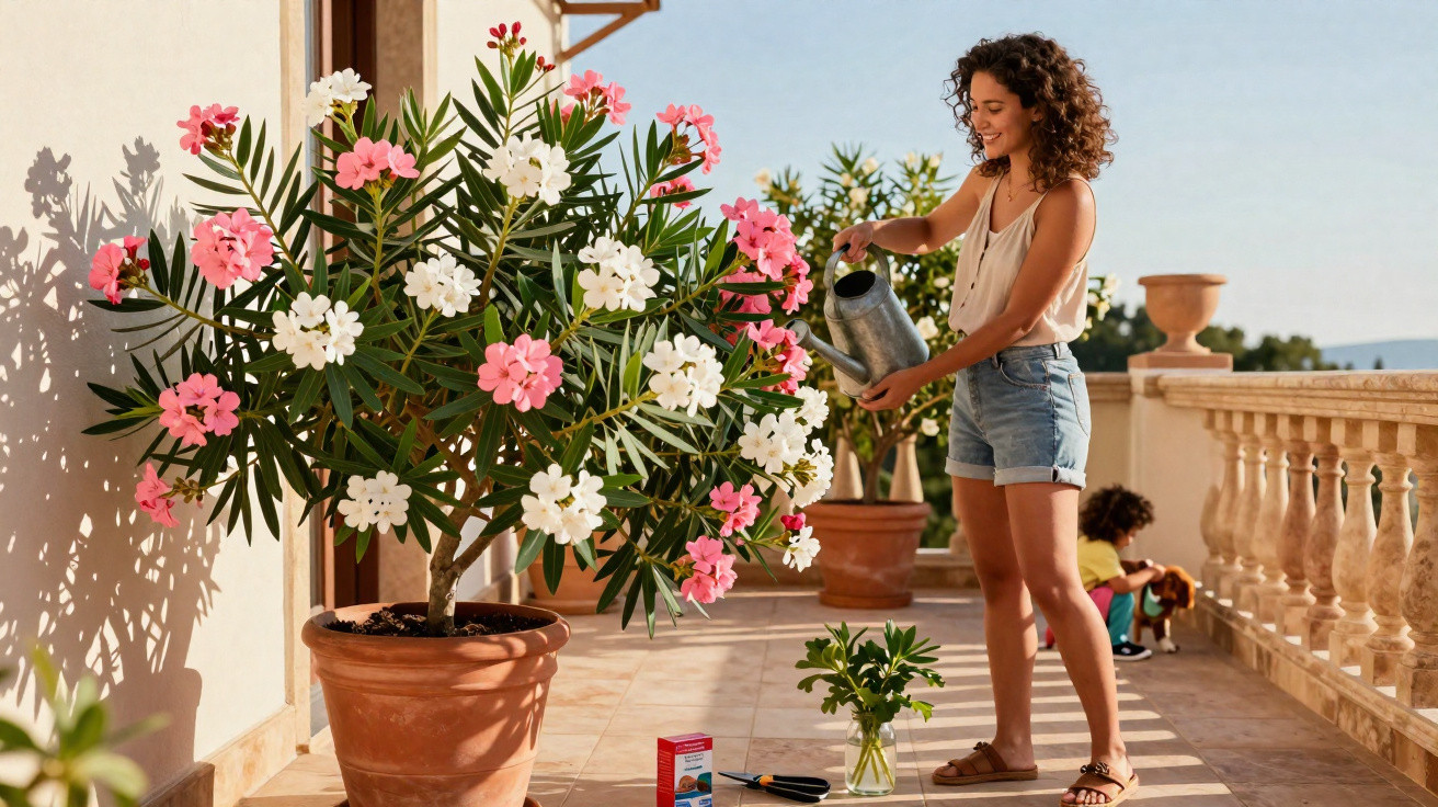Mulher a regar planta com flores cor-de-rosa e brancas numa varanda ensolarada com criança ao fundo.