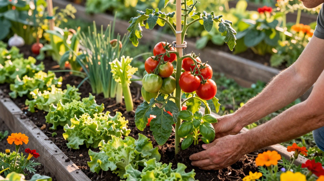 Pessoa a cuidar de pé de tomate maduro numa horta com alfaces e flores em canteiro de madeira.