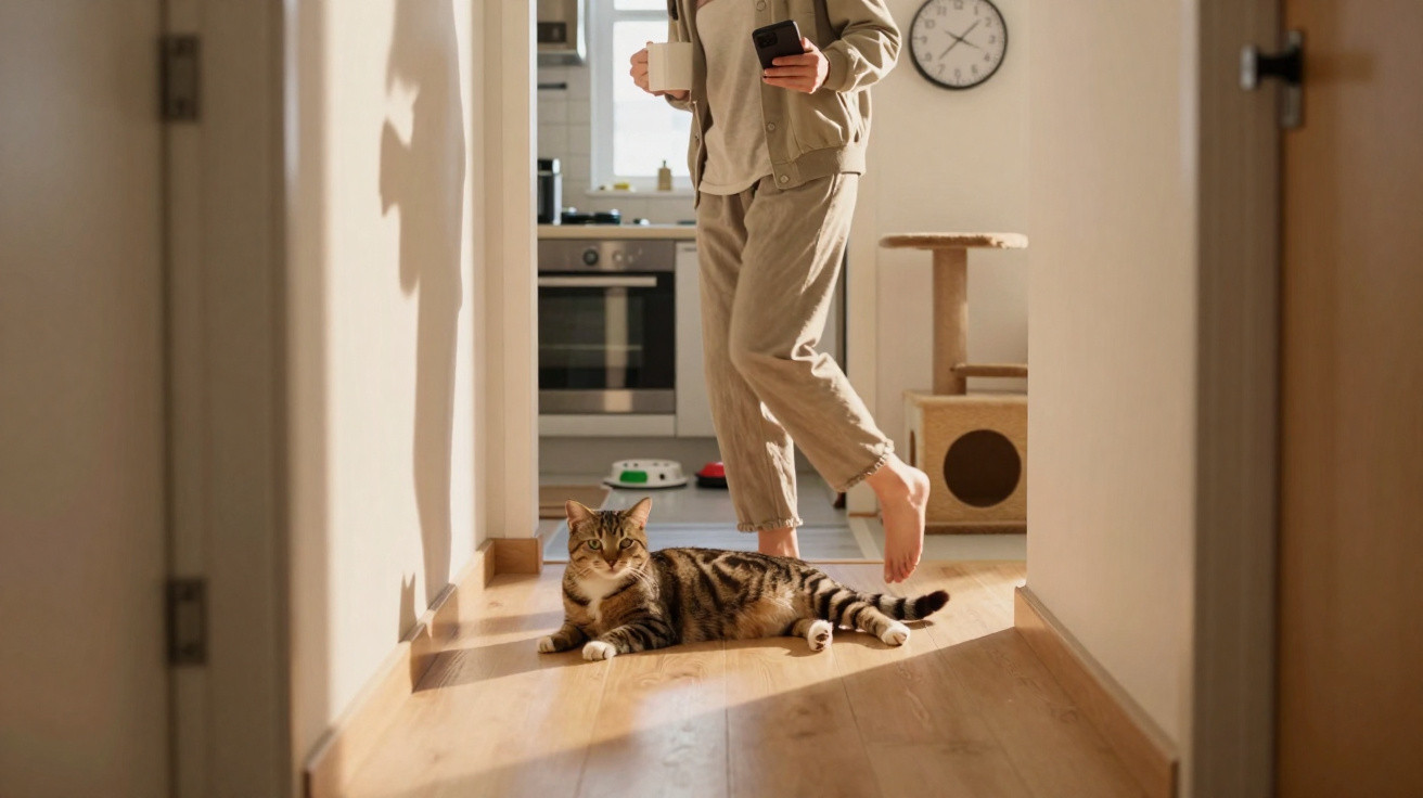 Gato tigrado deitado num corredor, com pessoa descalça a passar segurando uma caneca e telemóvel.