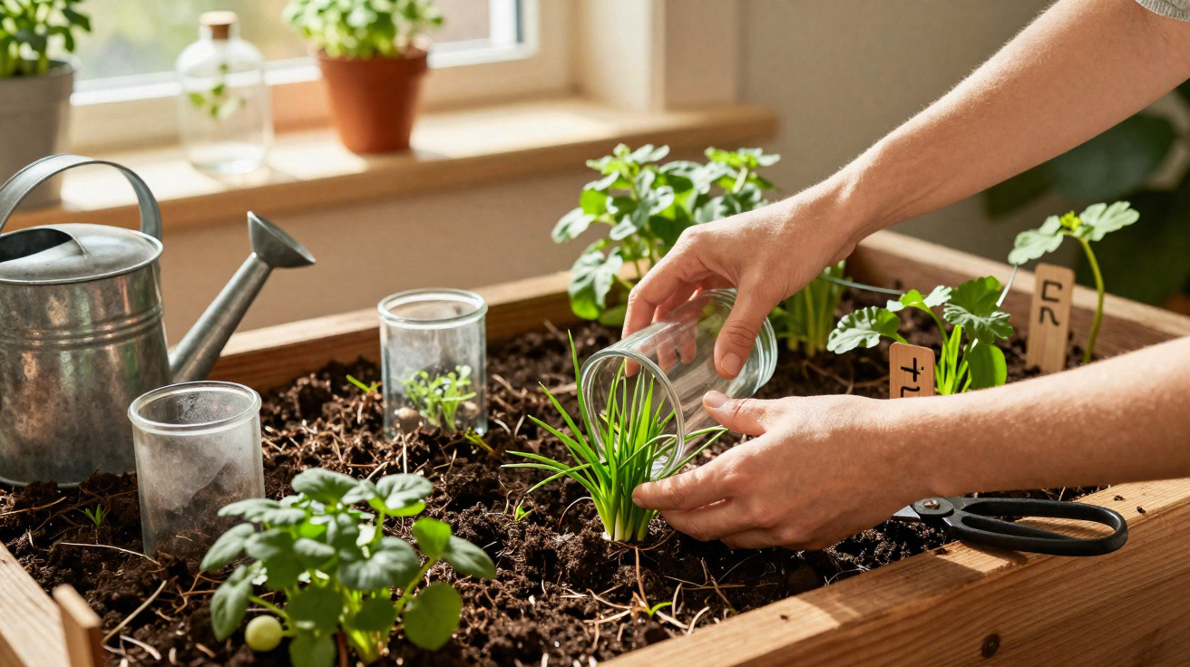 Mãos a transplantar planta jovem num canteiro interior com várias ervas e regador ao lado.