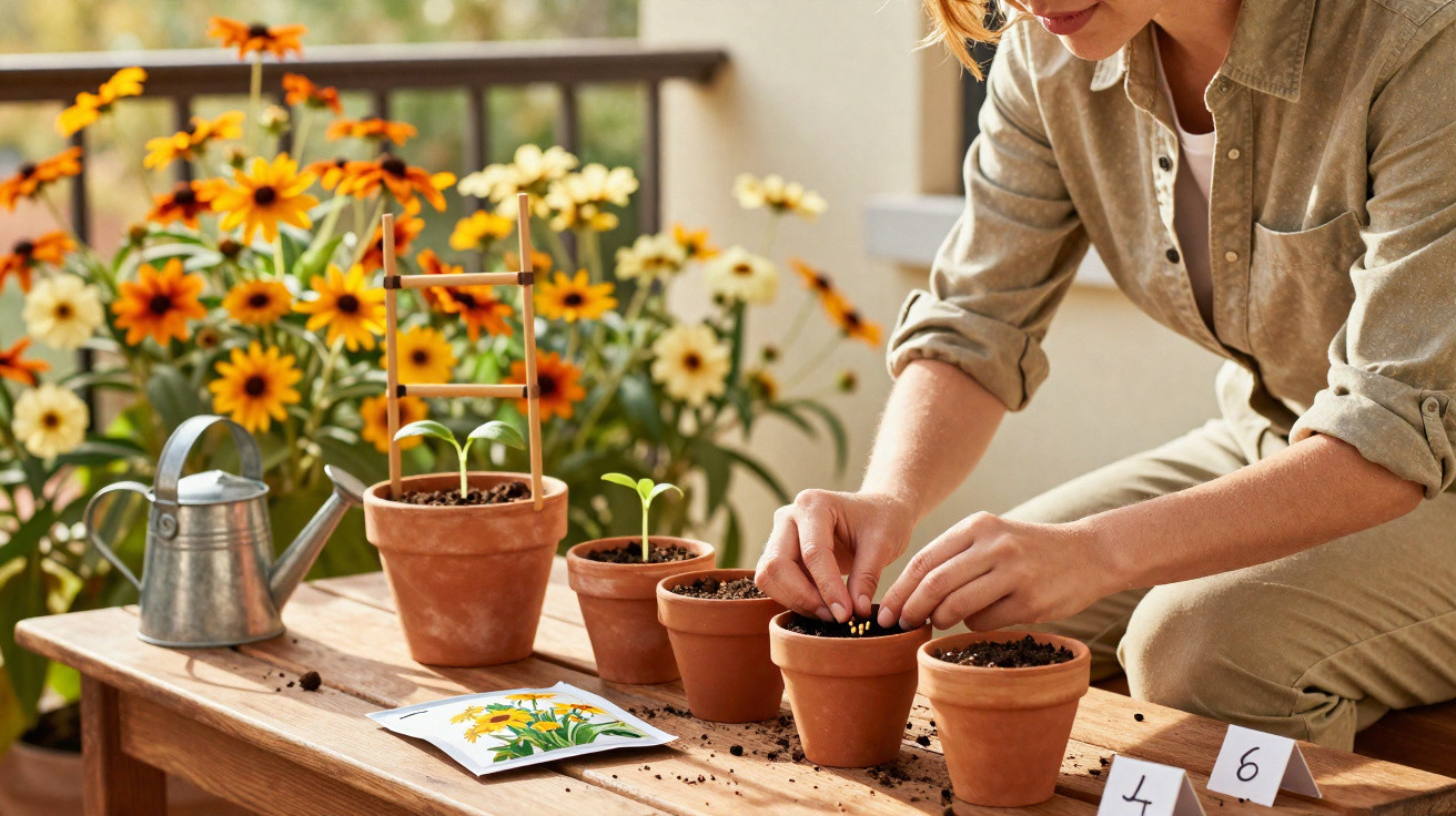 Pessoa a plantar sementes em vasos de barro numa varanda com flores amarelas ao fundo.