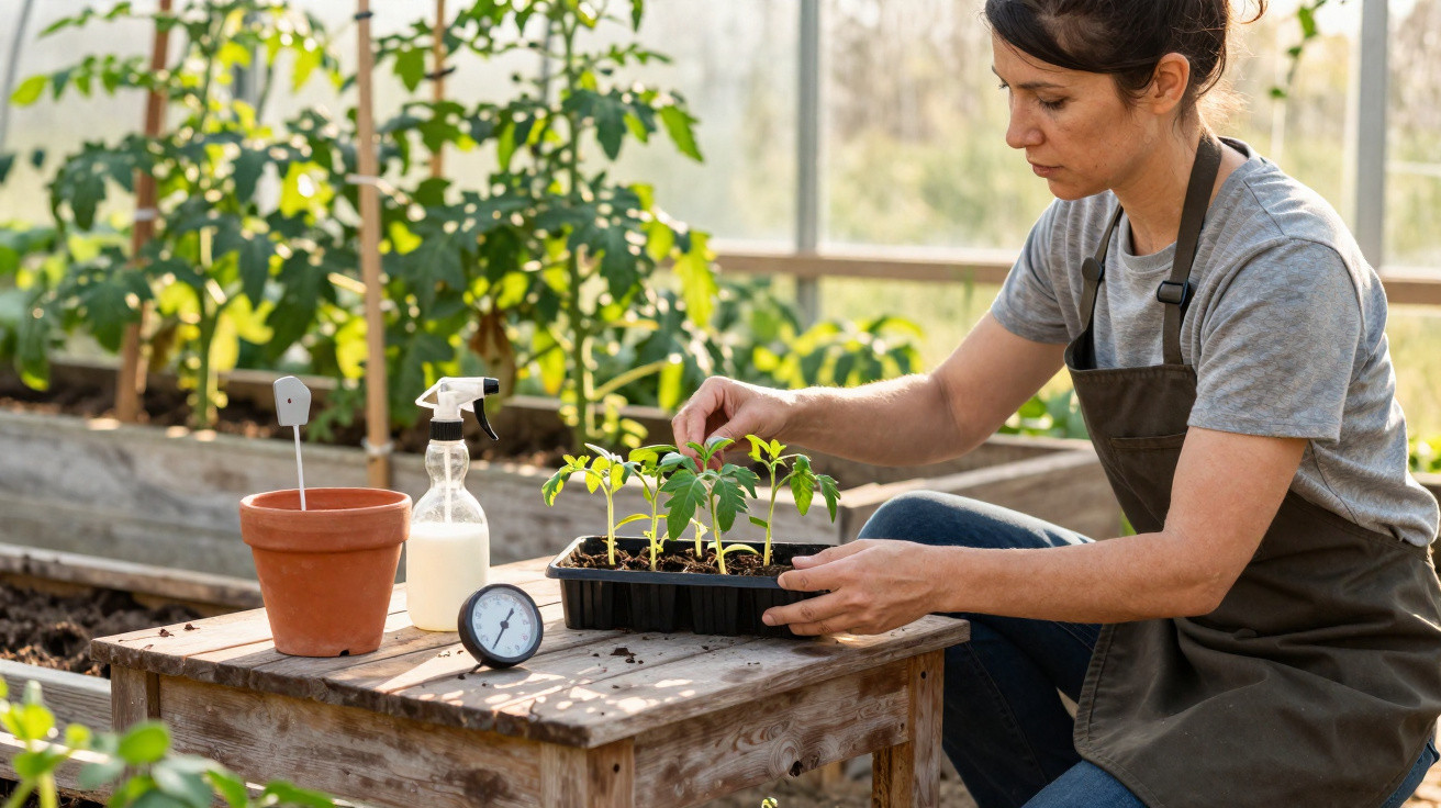 Mulher a cuidar de plantas jovens numa estufa, com regador, vaso e termómetro numa mesa de madeira.