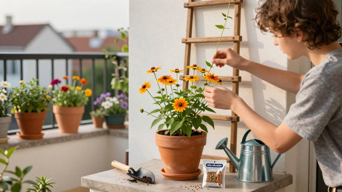 Pessoa a cuidar de flores amarelas num vaso de barro numa varanda com outras plantas e utensílios de jardinagem.