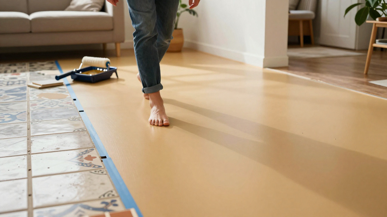 Pessoa a colocar piso vinílico sobre azulejos numa divisão de casa com móveis e planta.