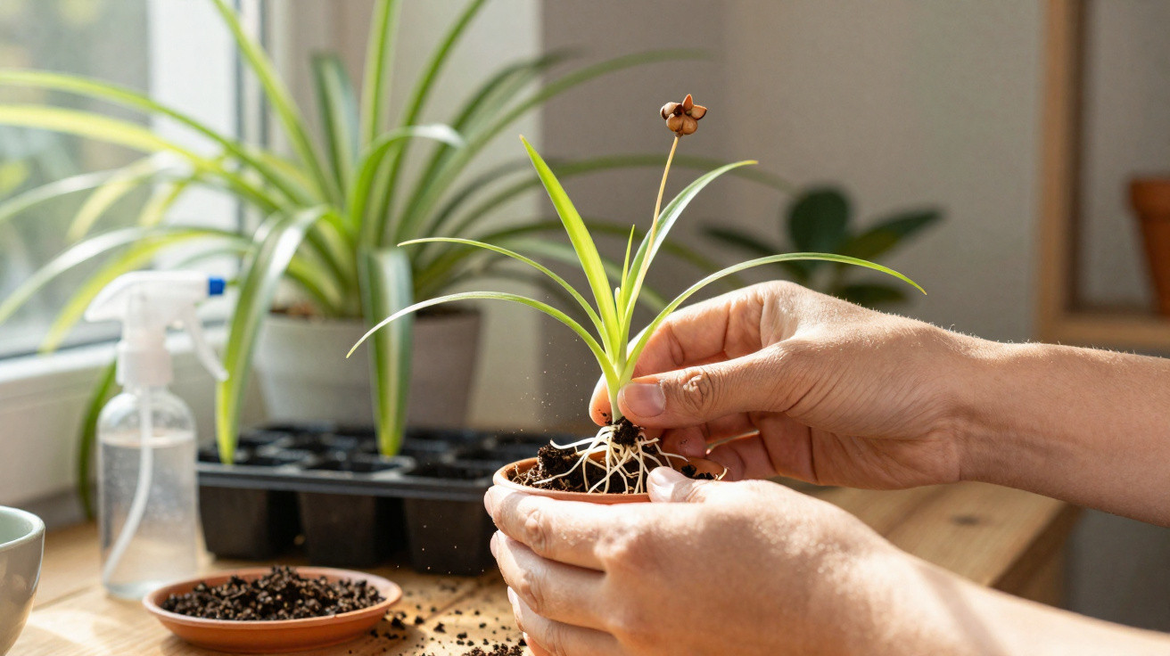Mãos a transplantar planta com raízes em vaso pequeno numa mesa junto à janela iluminada.