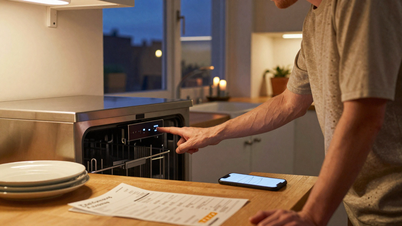 Pessoa a ligar máquina de lavar loiça numa cozinha à noite com telemóvel e pratos na bancada.