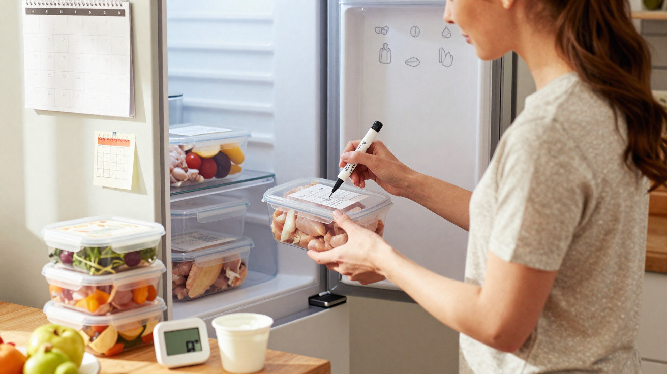Mulher a etiquetar recipiente de plástico com alimento, junto a frigorífico aberto e outros recipientes no balcão.