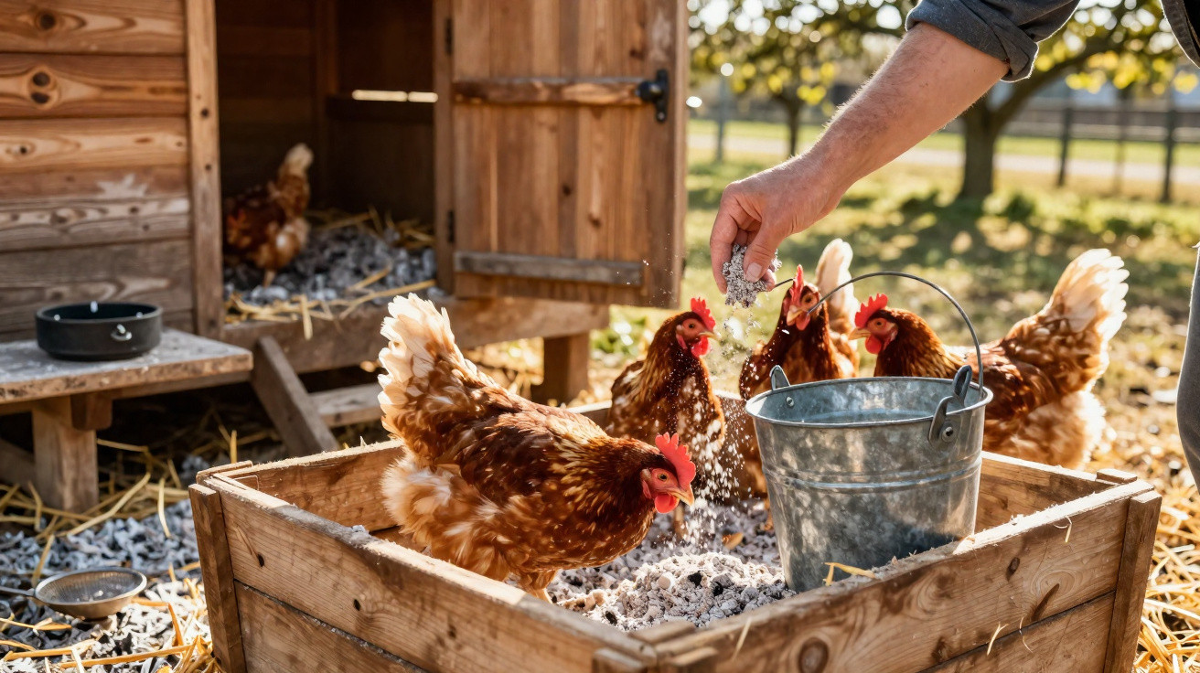 Homem a alimentar galinhas castanhas num galinheiro com madeira e palha ao sol.