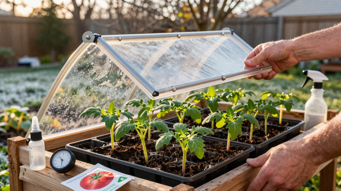 Mãos a abrir cobertura transparente para mudas de tomate num pequeno viveiro caseiro ao ar livre.