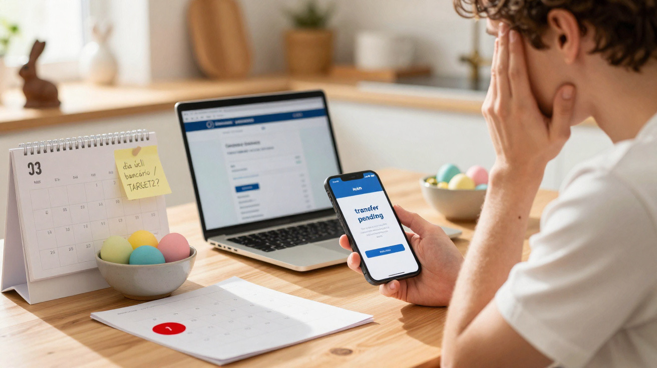 Homem preocupado vê mensagem de transferência pendente no telemóvel junto a laptop e calendários numa mesa.