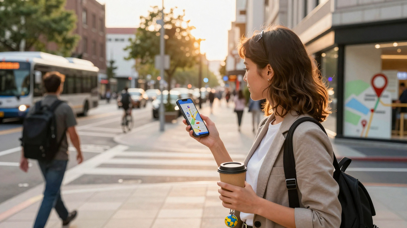 Mulher jovem segura café e consulta mapa no telemóvel numa rua urbana ao entardecer.