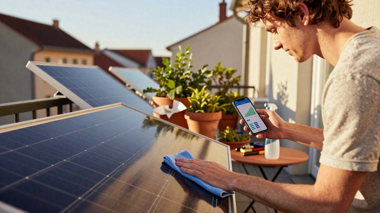 Homem a limpar painéis solares num terraço, consultando dados de energia numa aplicação móvel.