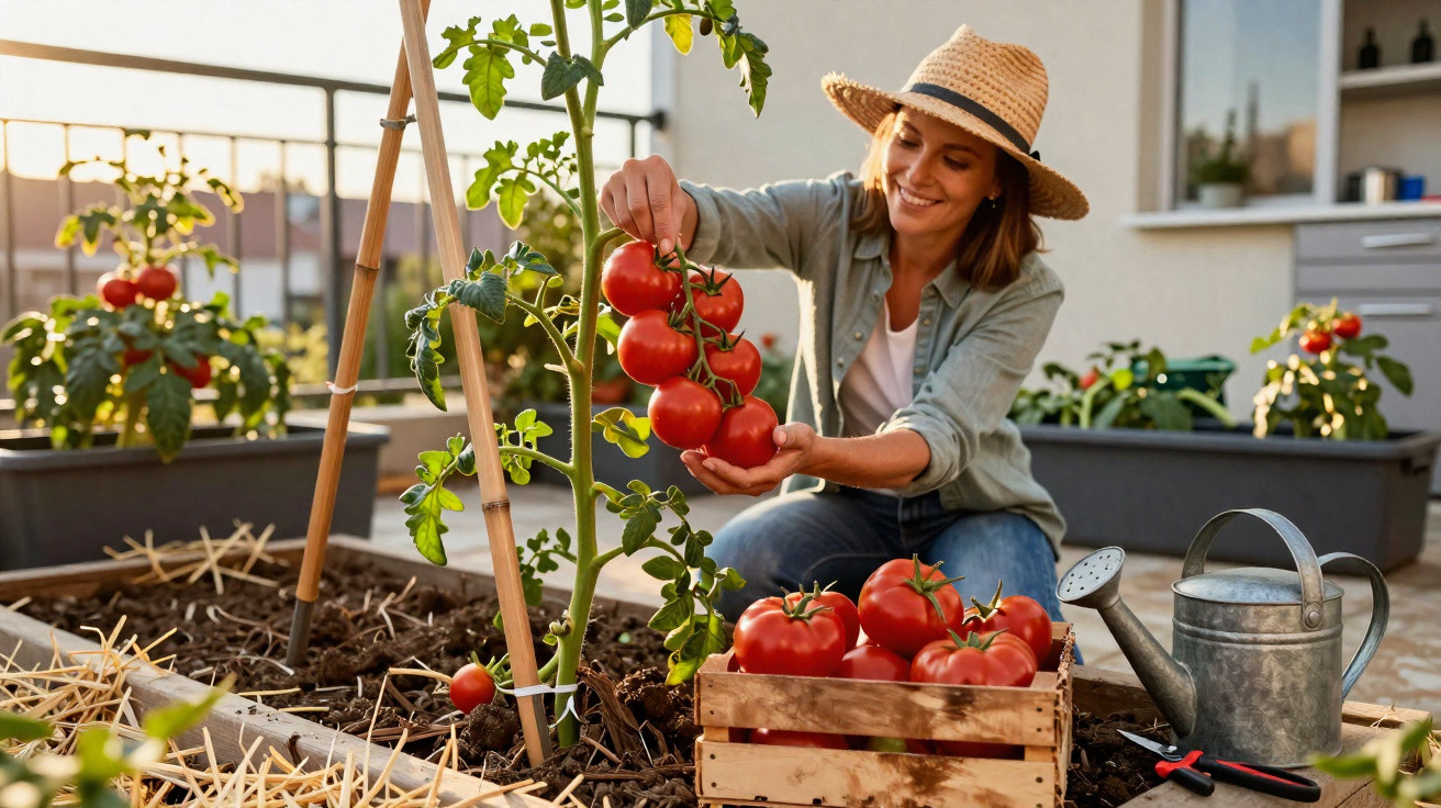 Mulher a colher tomates maduros numa horta urbana com chapéu de palha, rodeada de plantas e regador.
