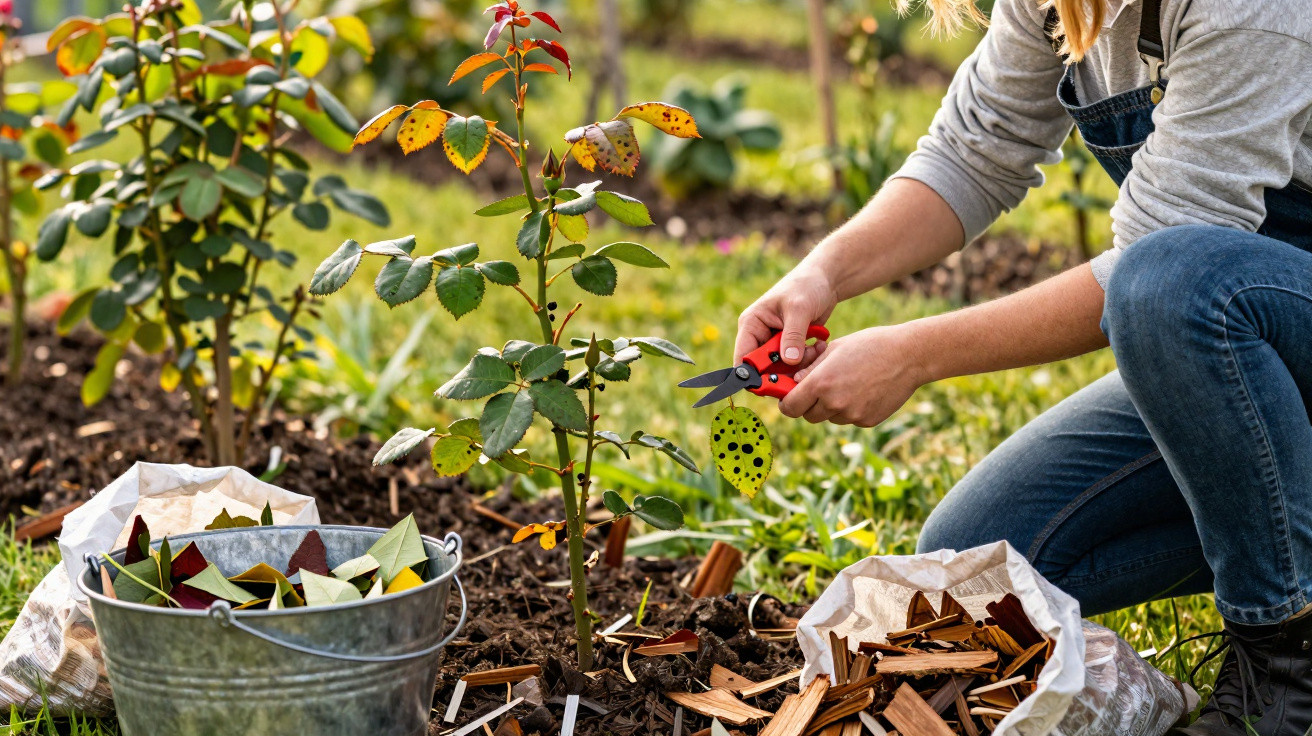 Pessoa a podar folhas secas de uma roseira num jardim com utensílios de jardinagem à volta.