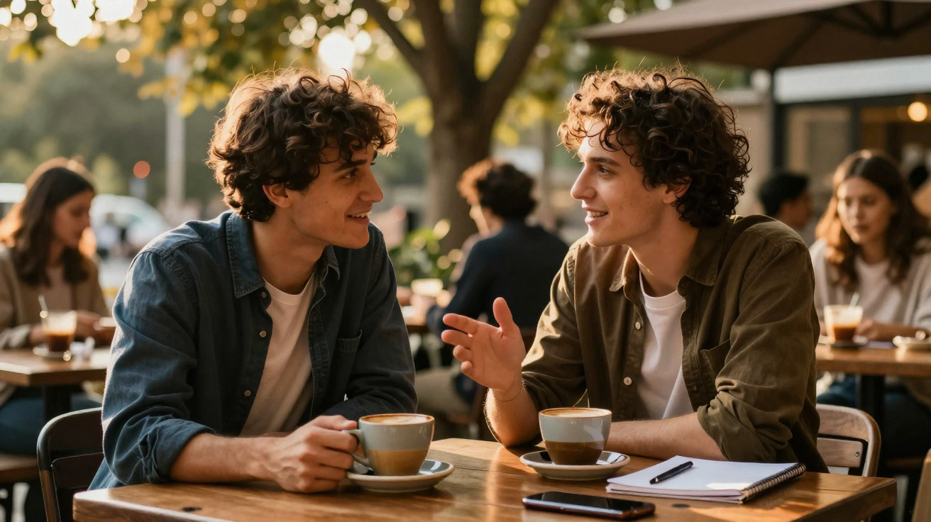 Dois jovens de cabelo encaracolado conversam e tomam café numa esplanada ao ar livre.