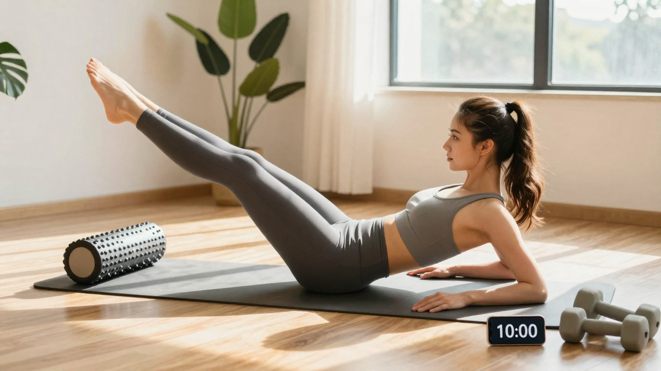 Mulher de roupa desportiva faz exercício abdominal em tapete, com halteres, rolo e temporizador num espaço luminoso.