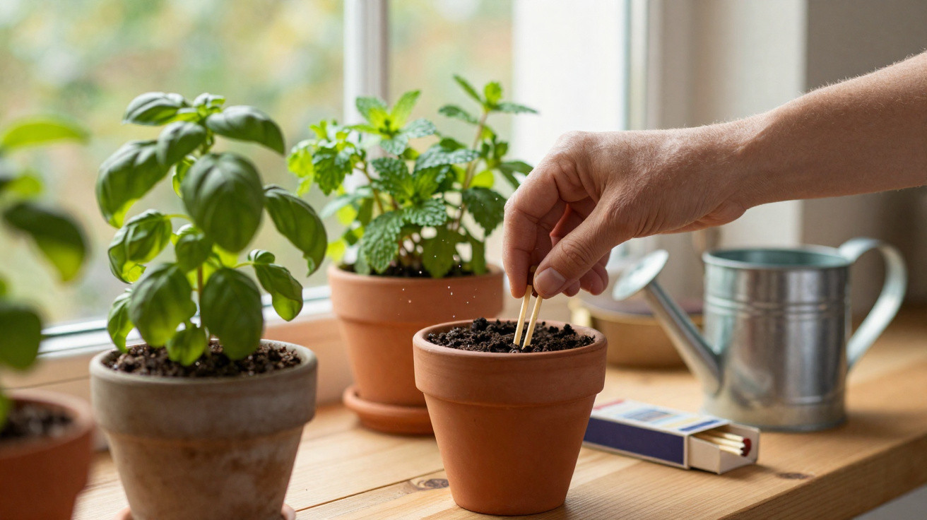 Mão a colocar fósforos na terra de vaso de barro, com plantas e regador ao fundo numa janela.