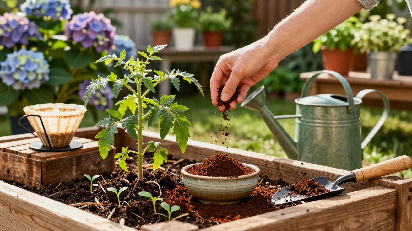 Mão a semear terra numa cama de madeira com planta de tomate jovem e regador ao fundo.