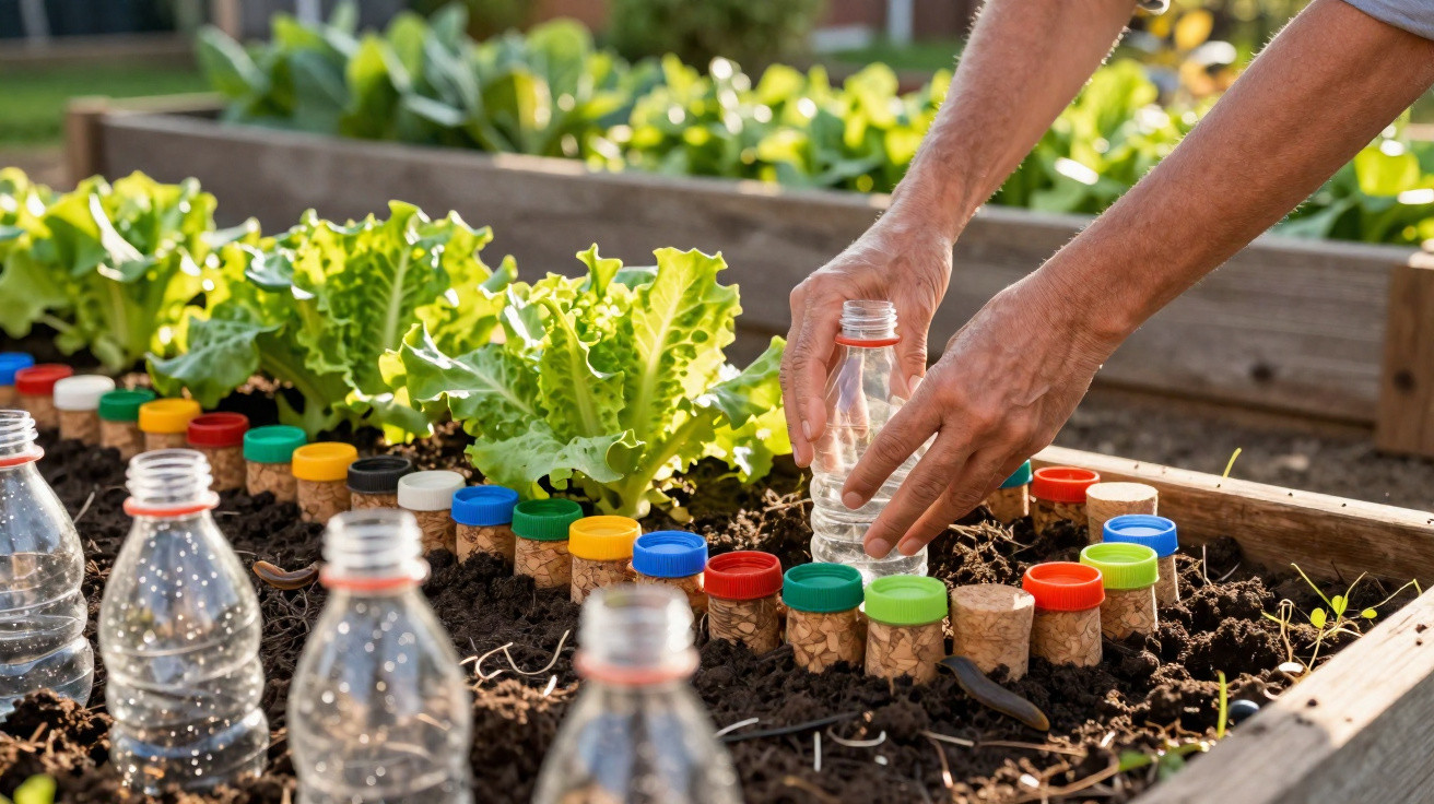 Mãos de pessoa a organizar garrafas de plástico e rolhas coloridas numa horta com alfaces verdes.