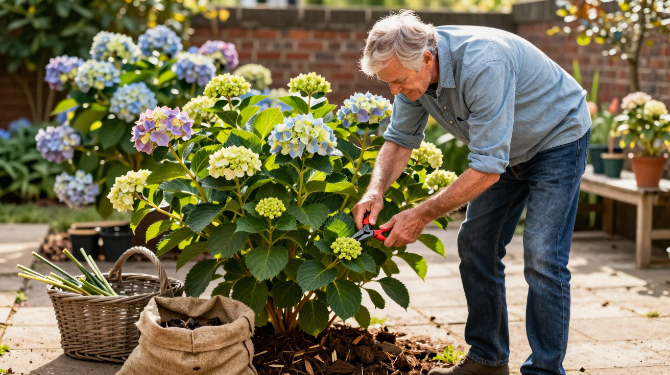 Homem idoso a podar flores de hortênsia no jardim exterior ensolarado.