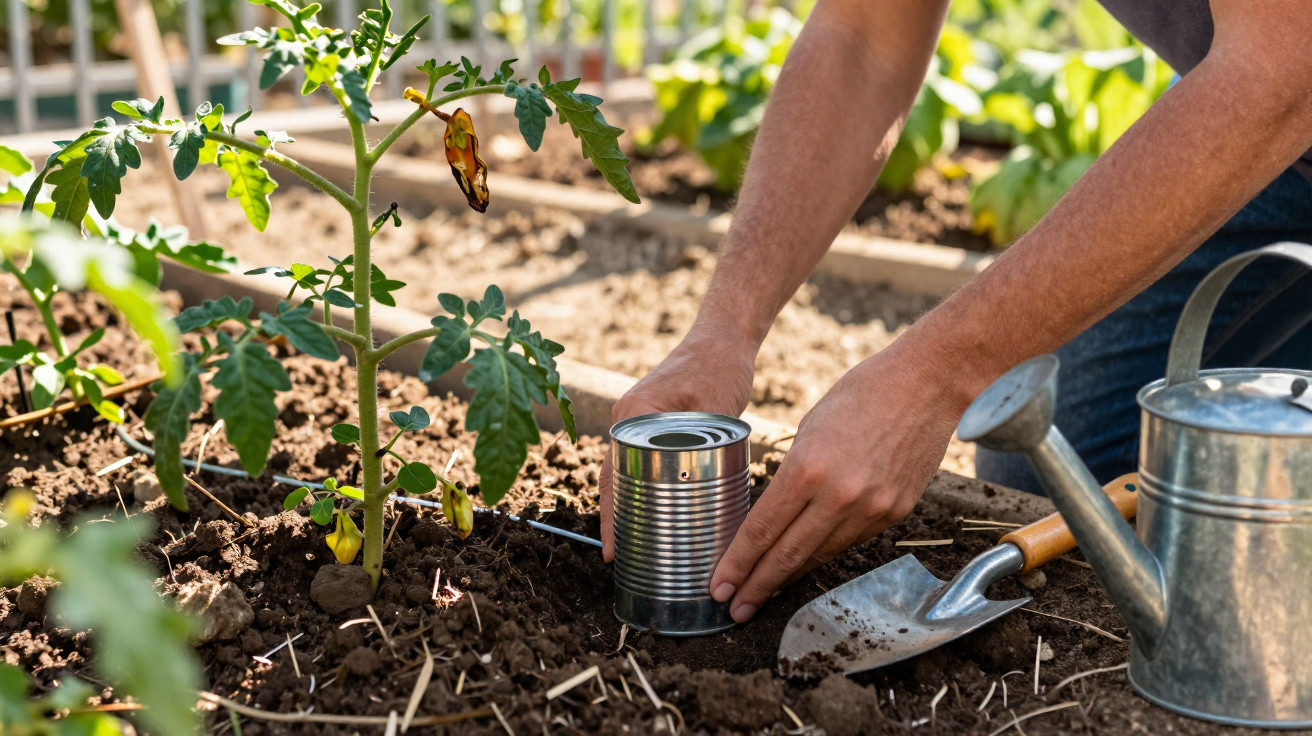 Pessoa a colocar lata reciclada ao lado de planta de tomate num jardim com ferramentas de jardinagem.
