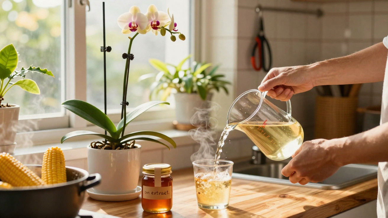 Mãos a servir chá quente num copo, perto de orquídea branca e frascos numa cozinha iluminada pelo sol.