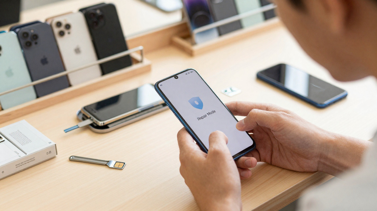 Pessoa segurando smartphone com ecrã de modo regenerar aberto, vários telemóveis sobre mesa de madeira.