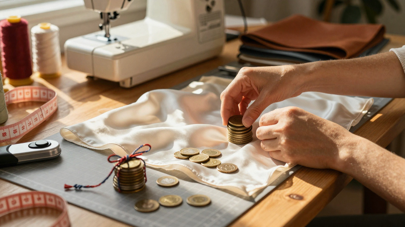 Mãos a empilhar moedas sobre tecido branco numa mesa com máquina de costura e fita métrica.