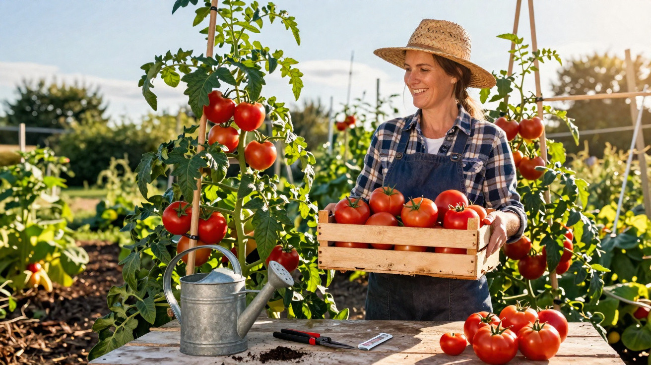 Mulher com chapéu e avental segura caixa de tomates frescos num jardim agrícola ensolarado.